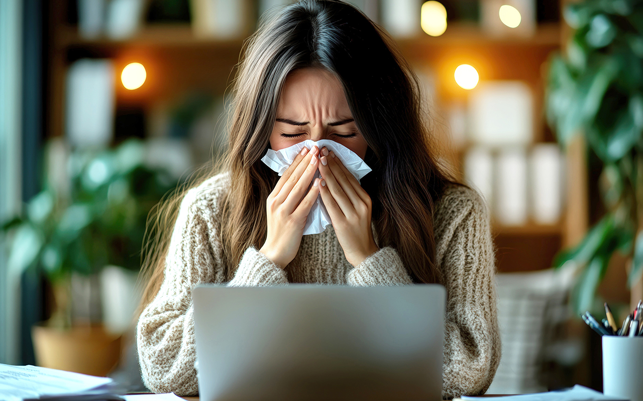Cold. Young European woman sneezing into a tissue while sitting at her work desk with a laptop open, blurred office on background. Concept of cold, flu, illness, or allergies during season